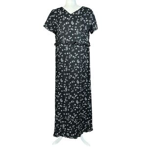 Y2K MATCH Linen Paisley Midi Dress 12 Vintage Black White Ruffle USA